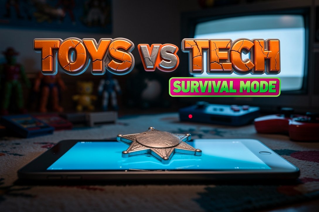 Toy Story 5 Woody and Buzz looking at glowing tablet