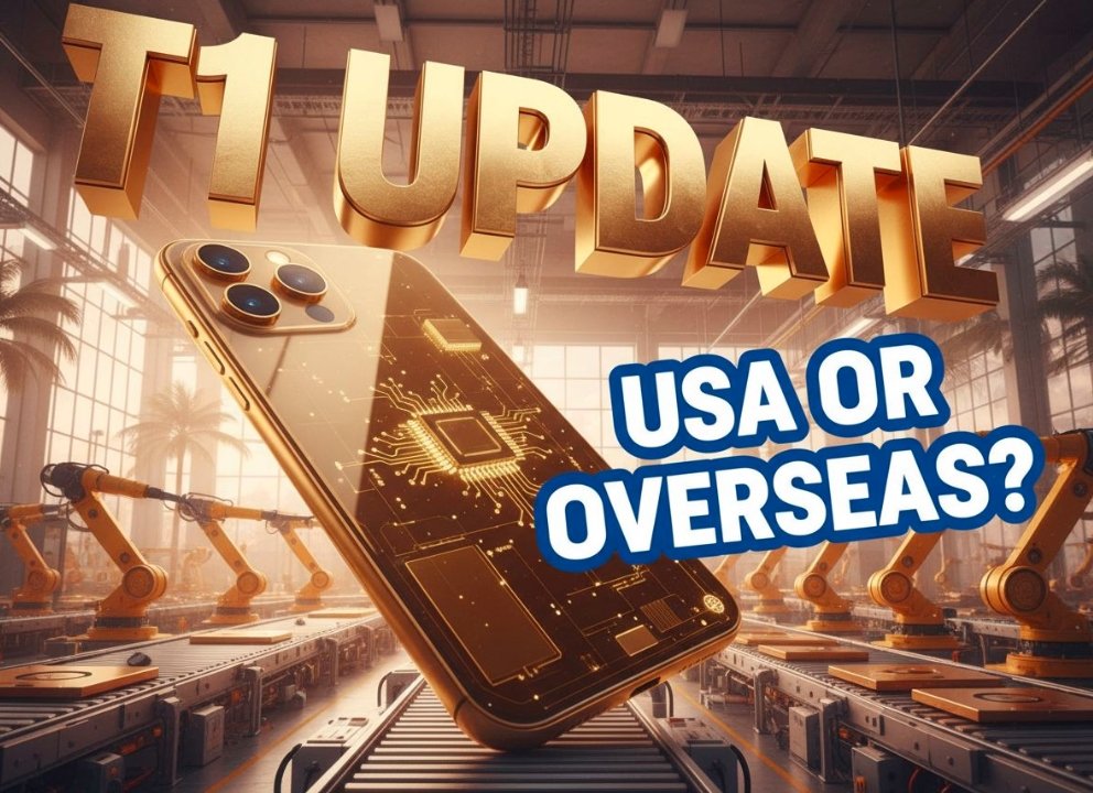 Trump Mobile T1 gold smartphone back panel with waterfall display