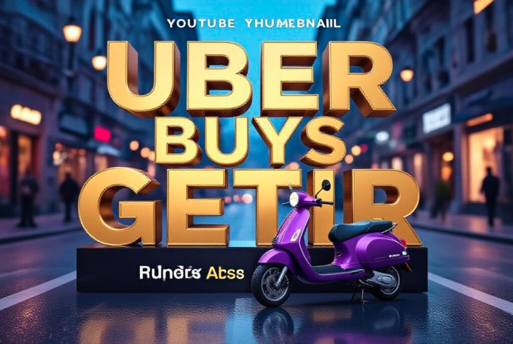 Uber logo and Getir purple scooter delivery box merging conceptAI IMAGE PROMPT: A viral, hyper-realistic YouTube thumbnail with a Business atmosphere. The 