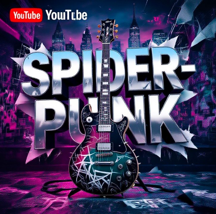 animated spider-punk playing electric guitar colorful background