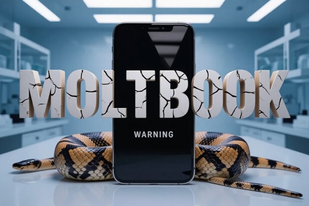 digital tablet displaying moltbook logo with shedding snake skin texture