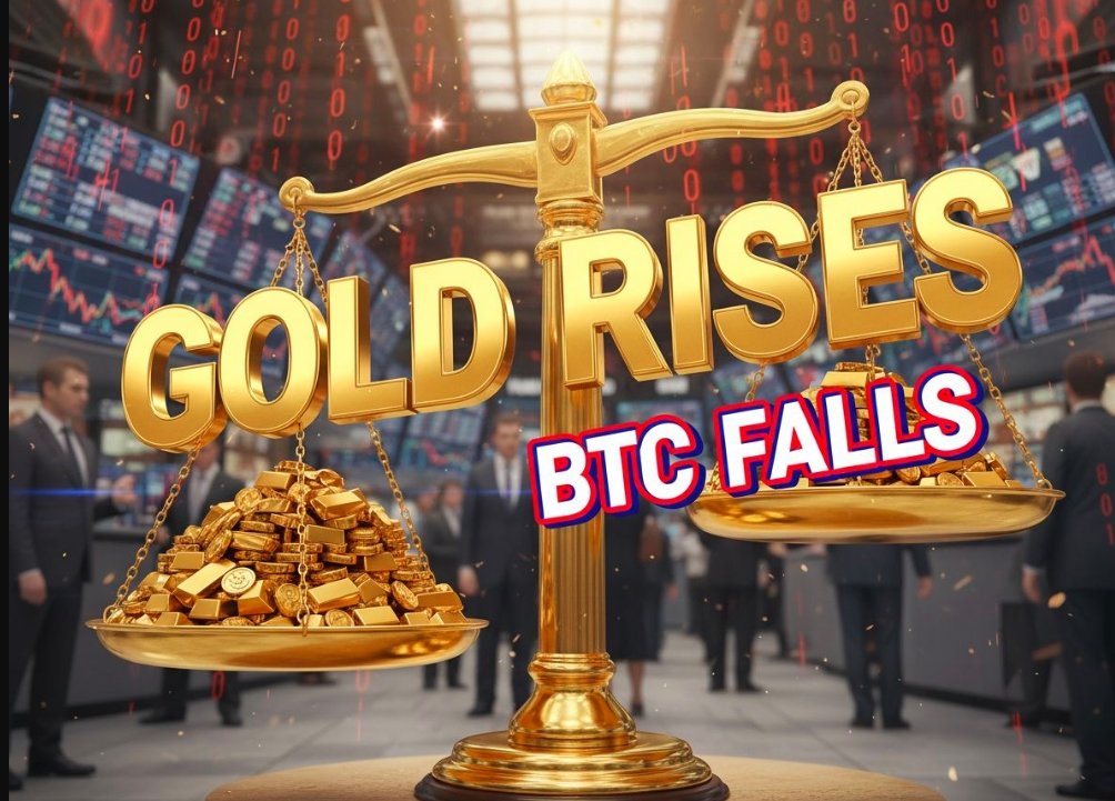 gold bullion bars stacked beside falling red bitcoin chart graph