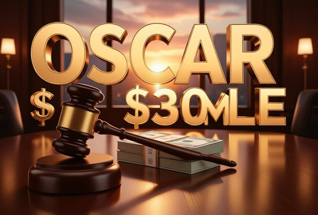 golden oscar statue standing on stacks of burning money bills