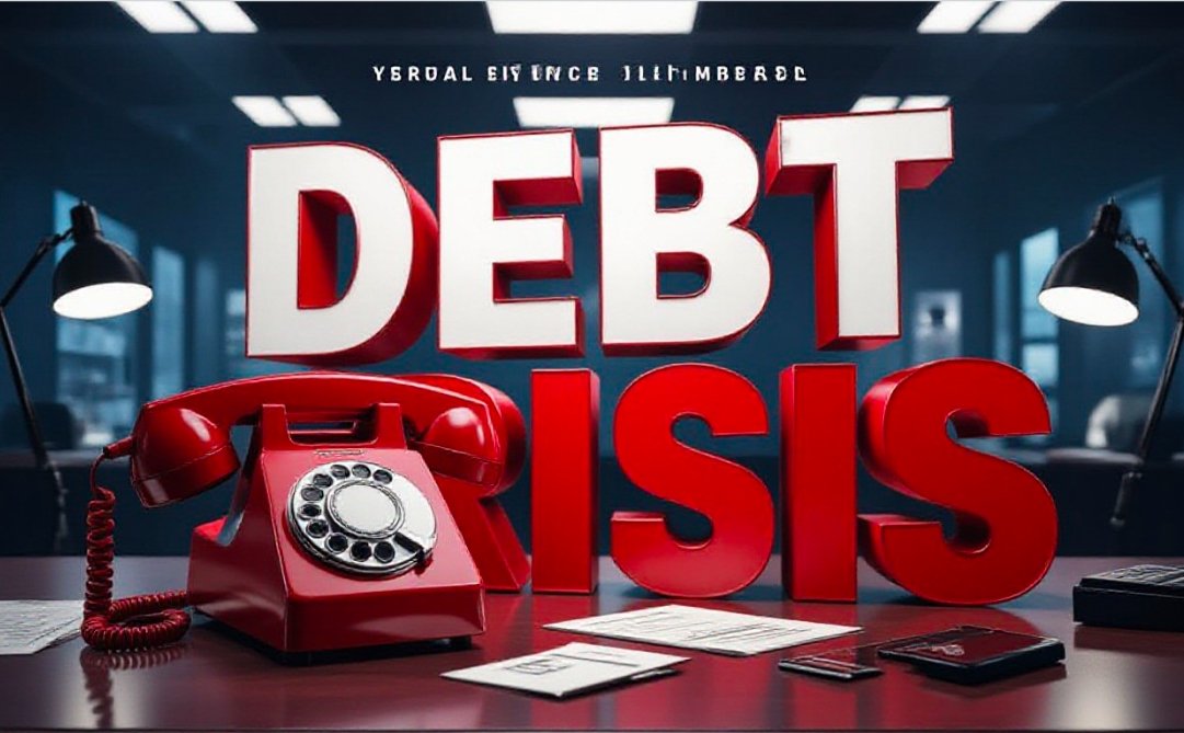 red telephone receiver off hook on dark desk symbolizing debt crisis communication