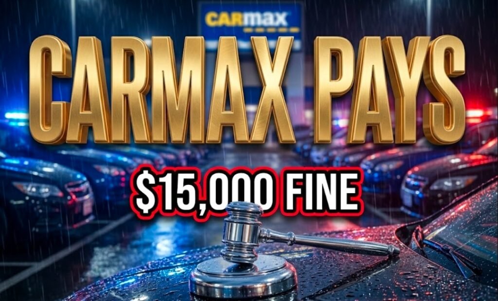 CarMax dealership sign with American flag reflecting in window