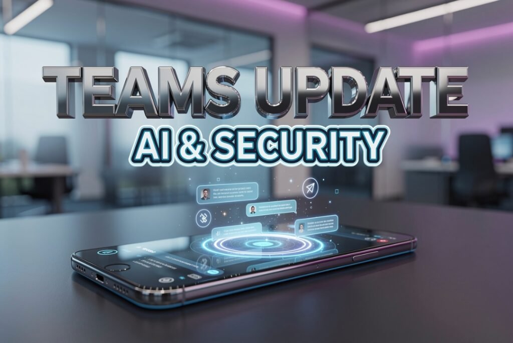  Microsoft Teams logo on modern office desk with futuristic digital interface overlay