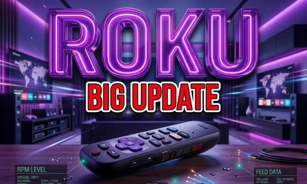 Roku remote control on coffee table with tv background