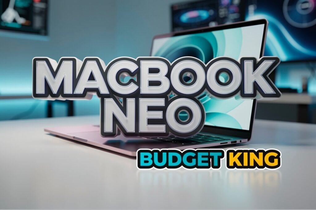 White polycarbonate Apple MacBook Neo laptop on wooden desk