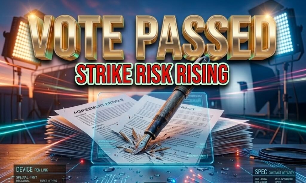 Writers Guild of America picket sign silhouette against sunset