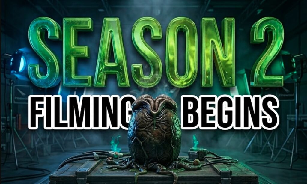 alien earth season 2 production sign xenomorph prop pinewood studiosAI IMAGE PROMPT: A viral, hyper-realistic YouTube thumbnail with a sci-fi horror atmosphere. The background is a