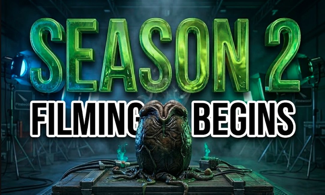 alien earth season 2 production sign xenomorph prop pinewood studios AI IMAGE PROMPT: A viral, hyper-realistic YouTube thumbnail with a sci-fi horror atmosphere. The background is a