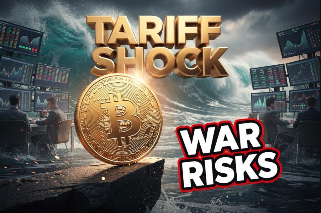 golden bitcoin chart rise amidst tariff war conflict background