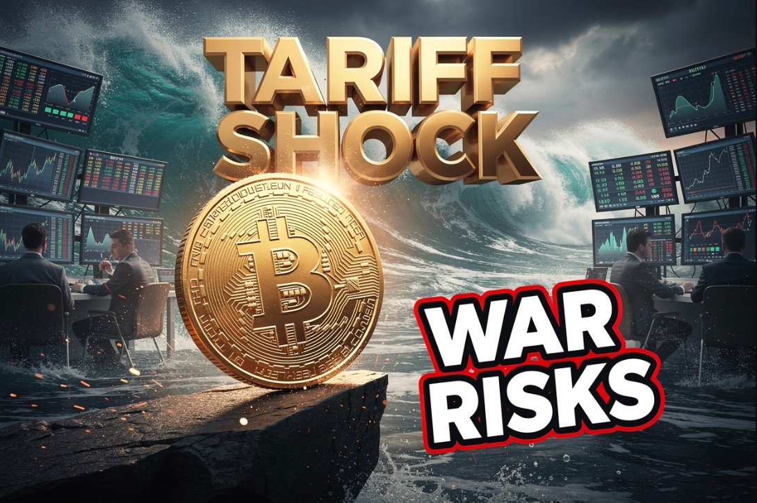 golden bitcoin chart rise amidst tariff war conflict background