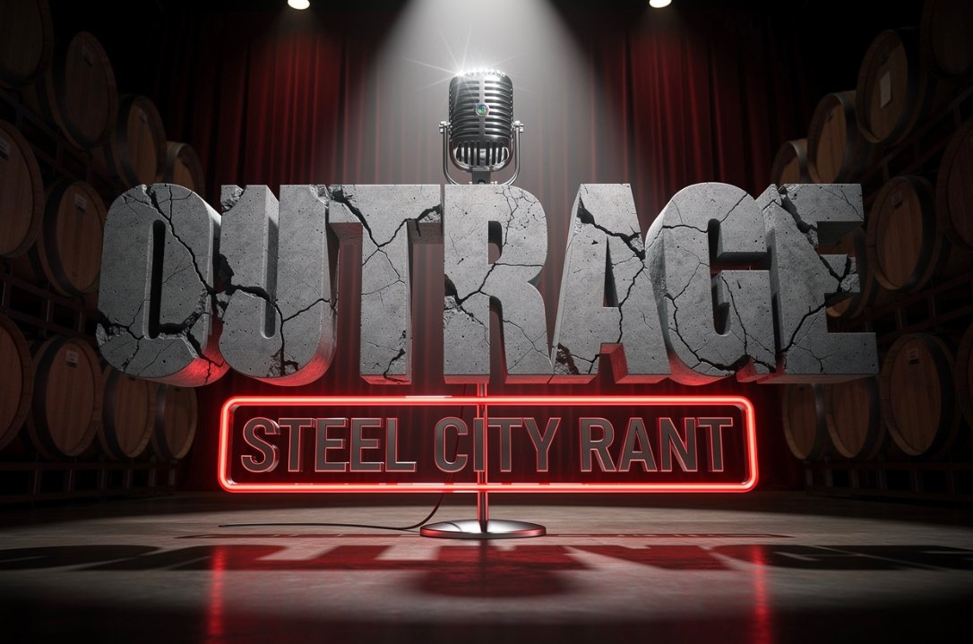 microphone stand on stage with blurred winery barrels background