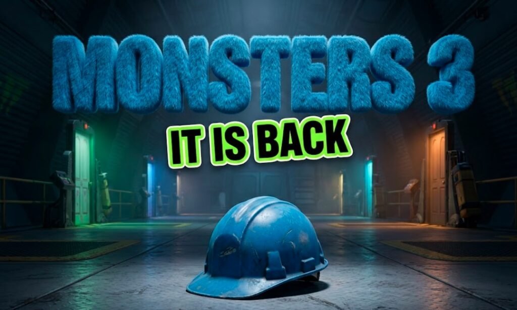 mike and sulley standing in front of monsters inc factory door