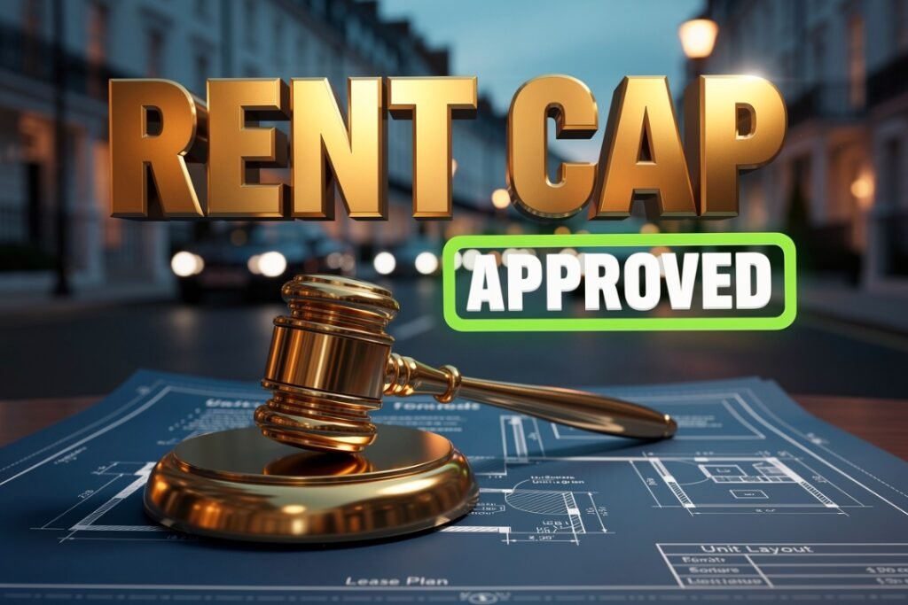 modern apartment building architectural blueprints with gavel