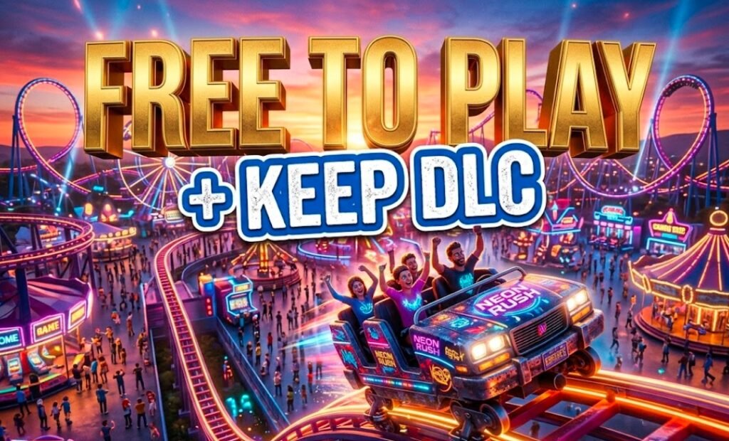 parkitect gameplay screenshot showing colorful roller coaster and busy theme park guests