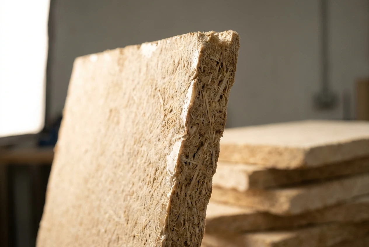 Mykor mycelium construction panel close-up showing waste-based UK building material.