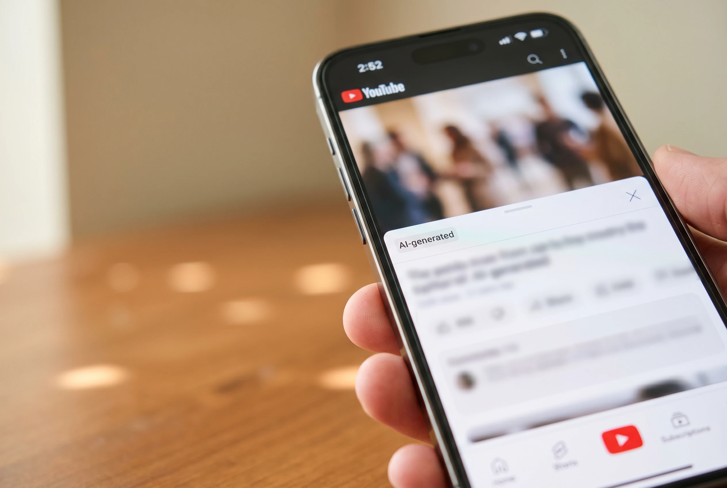 YouTube AI generated content label appears below video player on a smartphone screen.