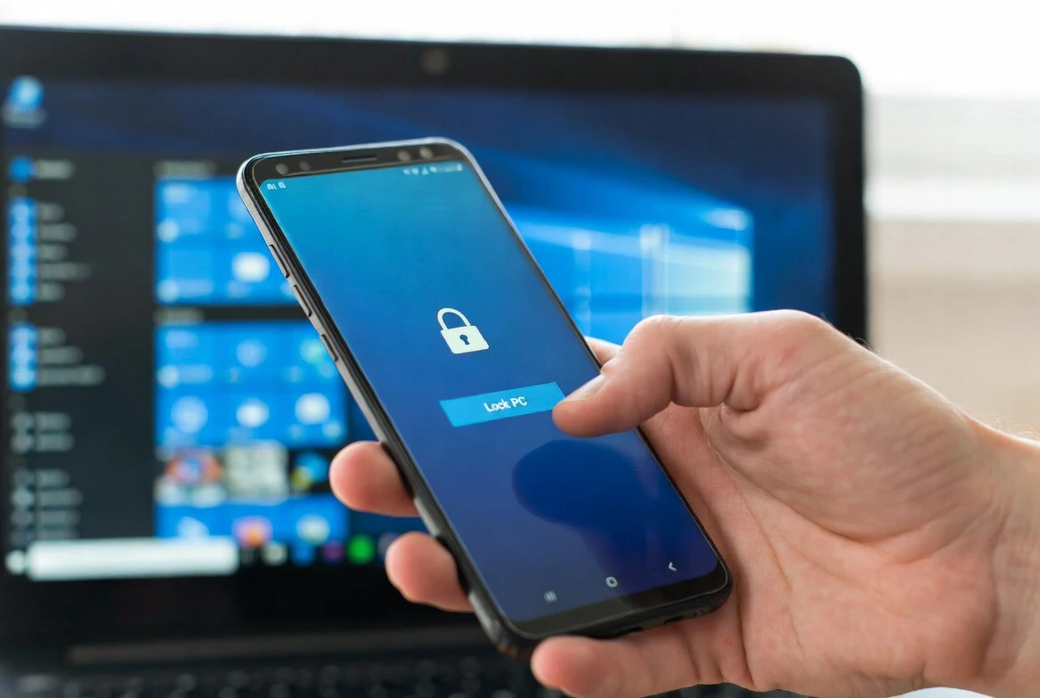 Android Phone Link Lock PC button mid-tap with laptop in background