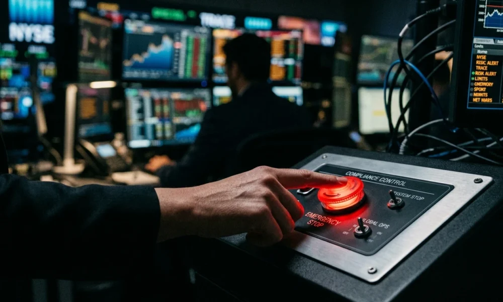 bank regulator pressing AI kill switch in control room