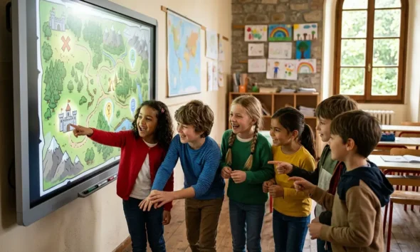 Children using JOY game-based learning in primary classroom