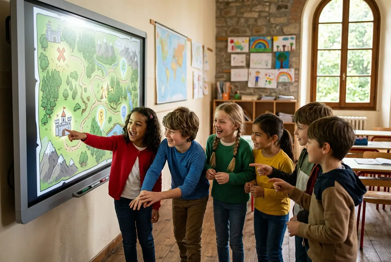 Children using JOY game-based learning in primary classroom