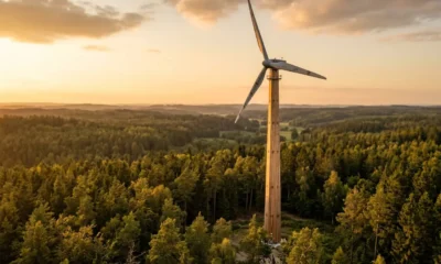 Modvion wooden wind turbine tower in Swedish forest