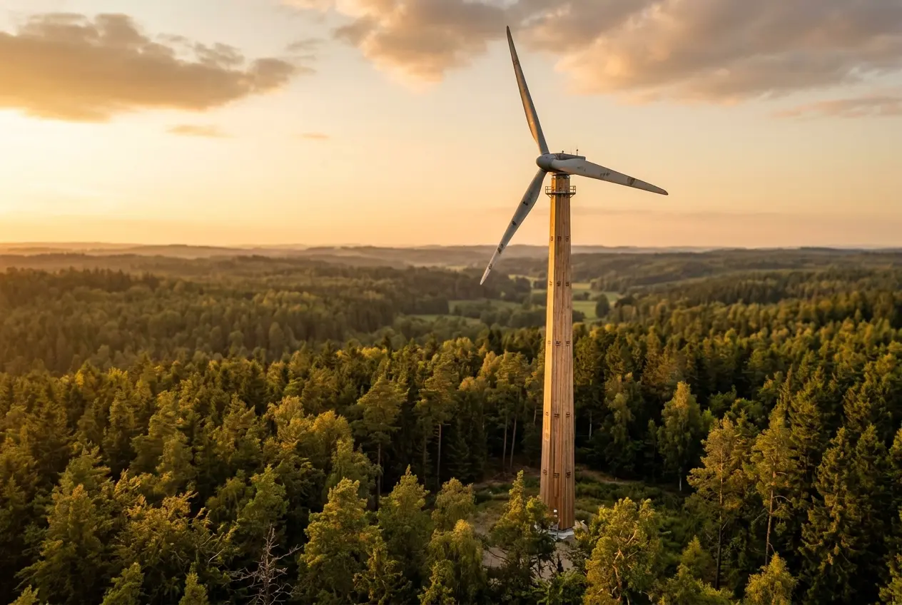 Modvion wooden wind turbine tower in Swedish forest
