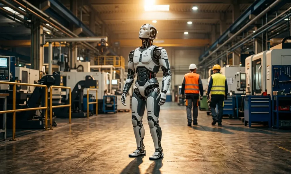 NEURA Robotics humanoid robot on a factory floor