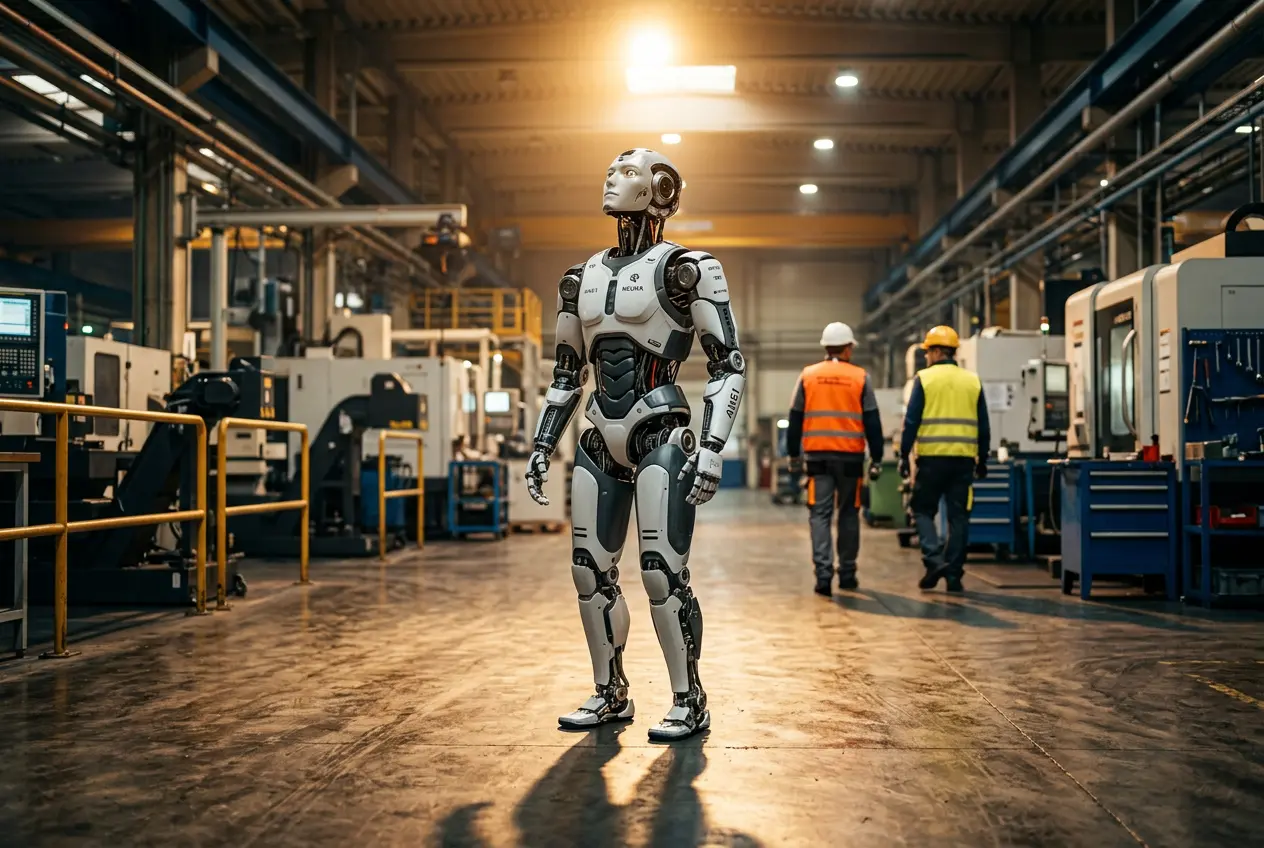 NEURA Robotics humanoid robot on a factory floor