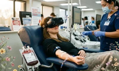 Samsung Galaxy XR blood donation headset in clinical chair