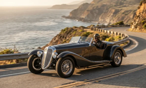 SP40 Restomod carbon-fiber art-deco roadster on coastal canyon road