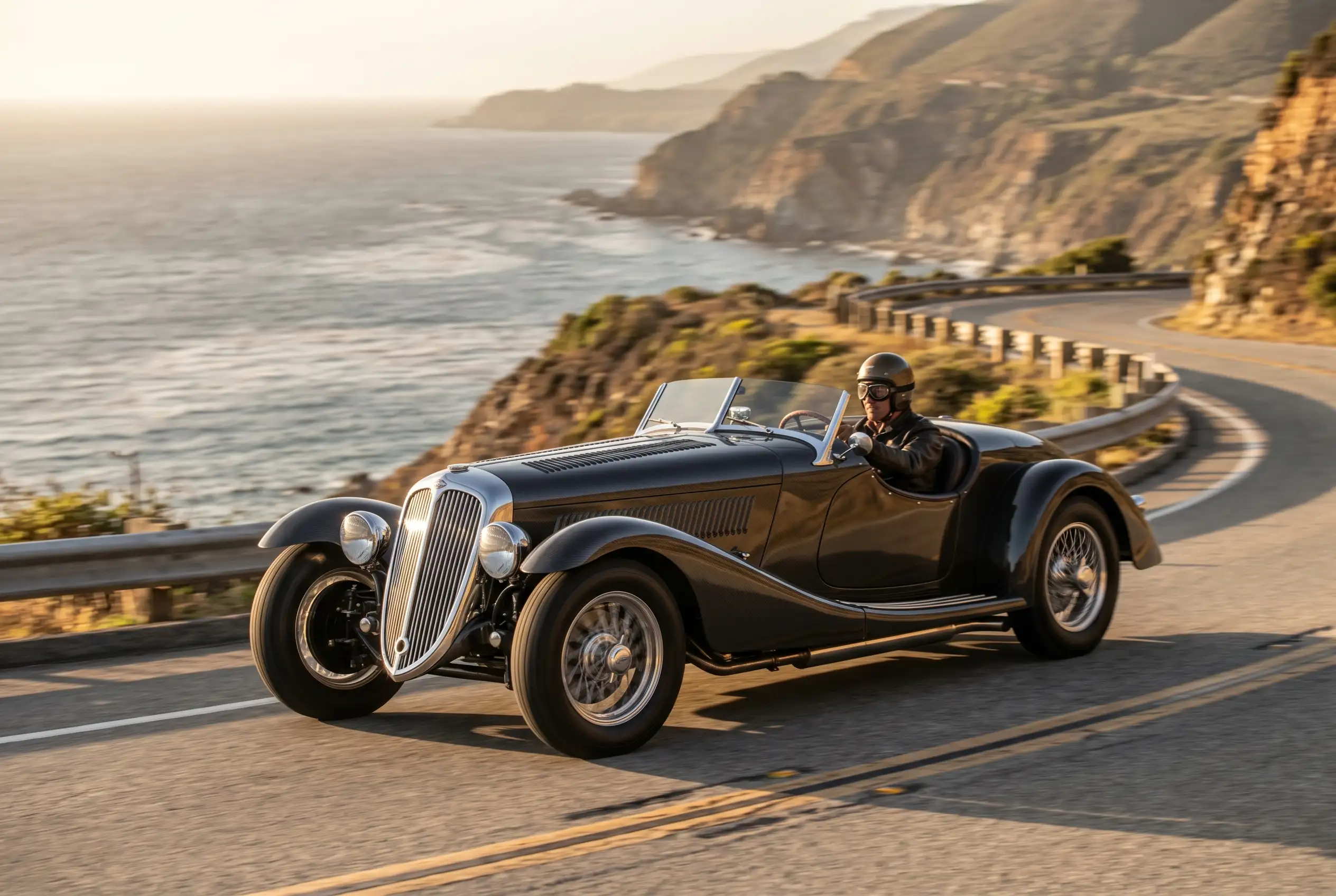 SP40 Restomod carbon-fiber art-deco roadster on coastal canyon road