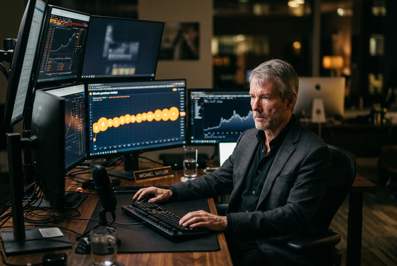 Strategy Bitcoin buy tease Michael Saylor orange dots chart