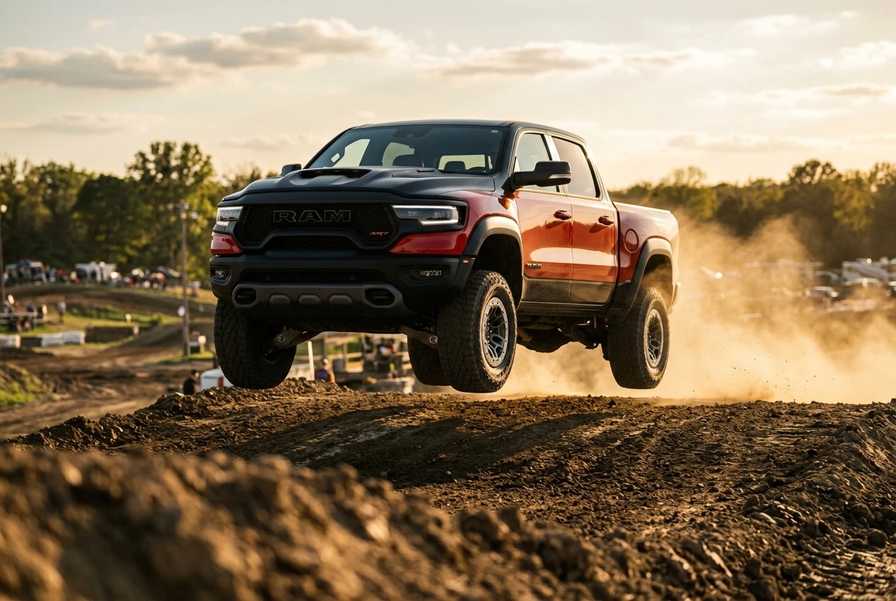 2027 Ram 1500 TRX SRT airborne over a dirt track