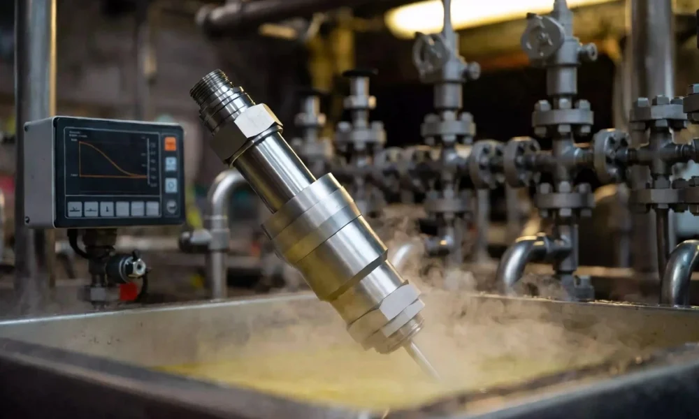 AI industrial cleaning sensor probe in chemical bath