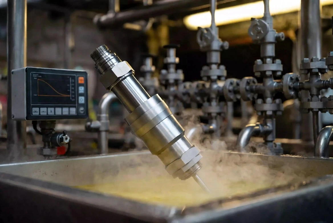 AI industrial cleaning sensor probe in chemical bath