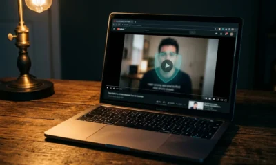 DuckDuckGo browser blocking YouTube ads on a laptop screen