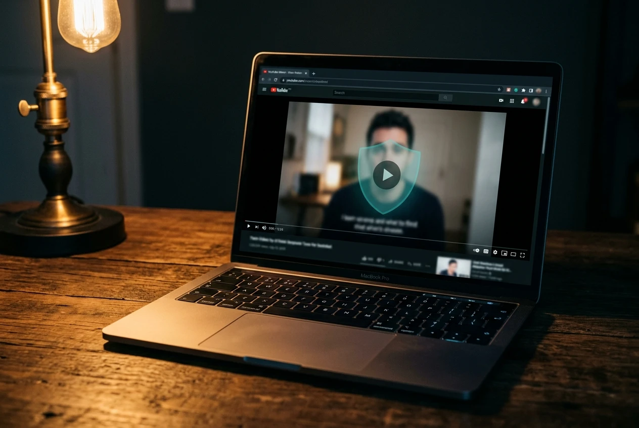 DuckDuckGo browser blocking YouTube ads on a laptop screen