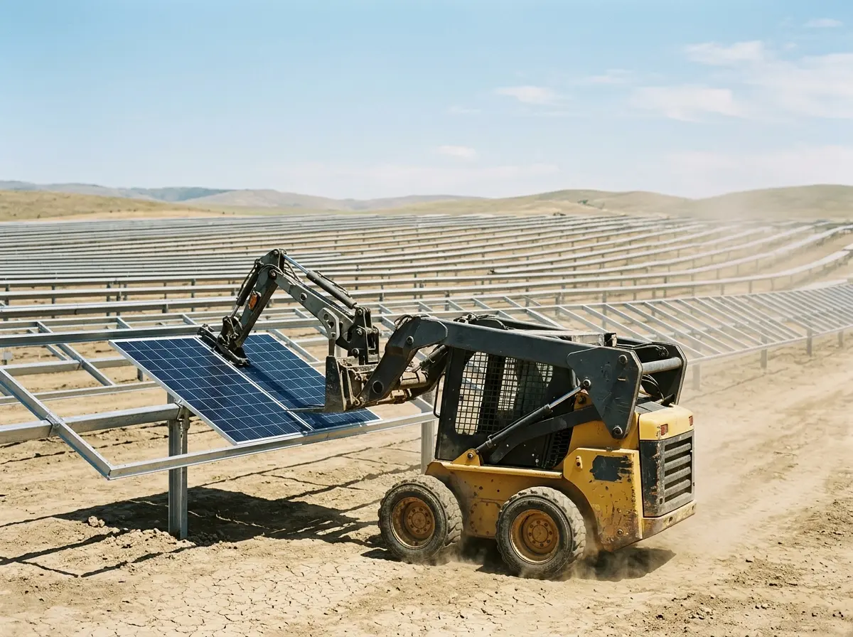 physical AI robot arm automating solar farm construction site
