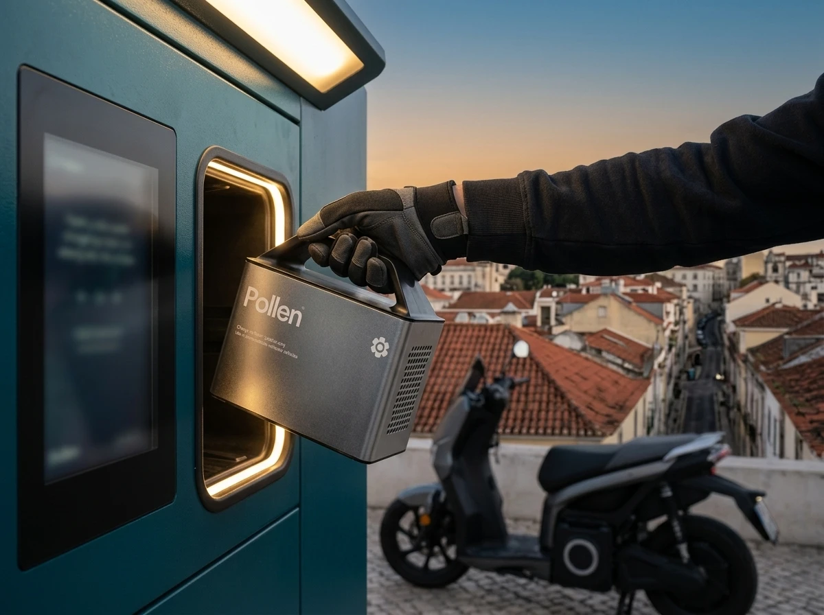 Pollen electric motorcycle battery swap station Lisbon Portugal launch
