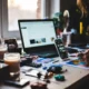 side hustler crafting at a home workspace with marketplace dashboard