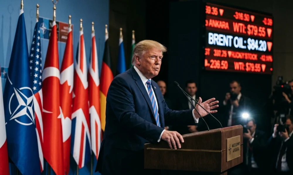Trump at the NATO podium declaring the Iran ceasefire over