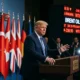 Trump at the NATO podium declaring the Iran ceasefire over