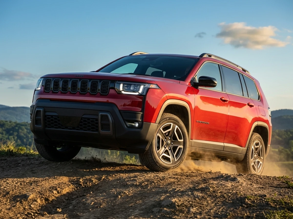 2026 Jeep Cherokee hybrid boxy red SUV dirt trail standard AWD