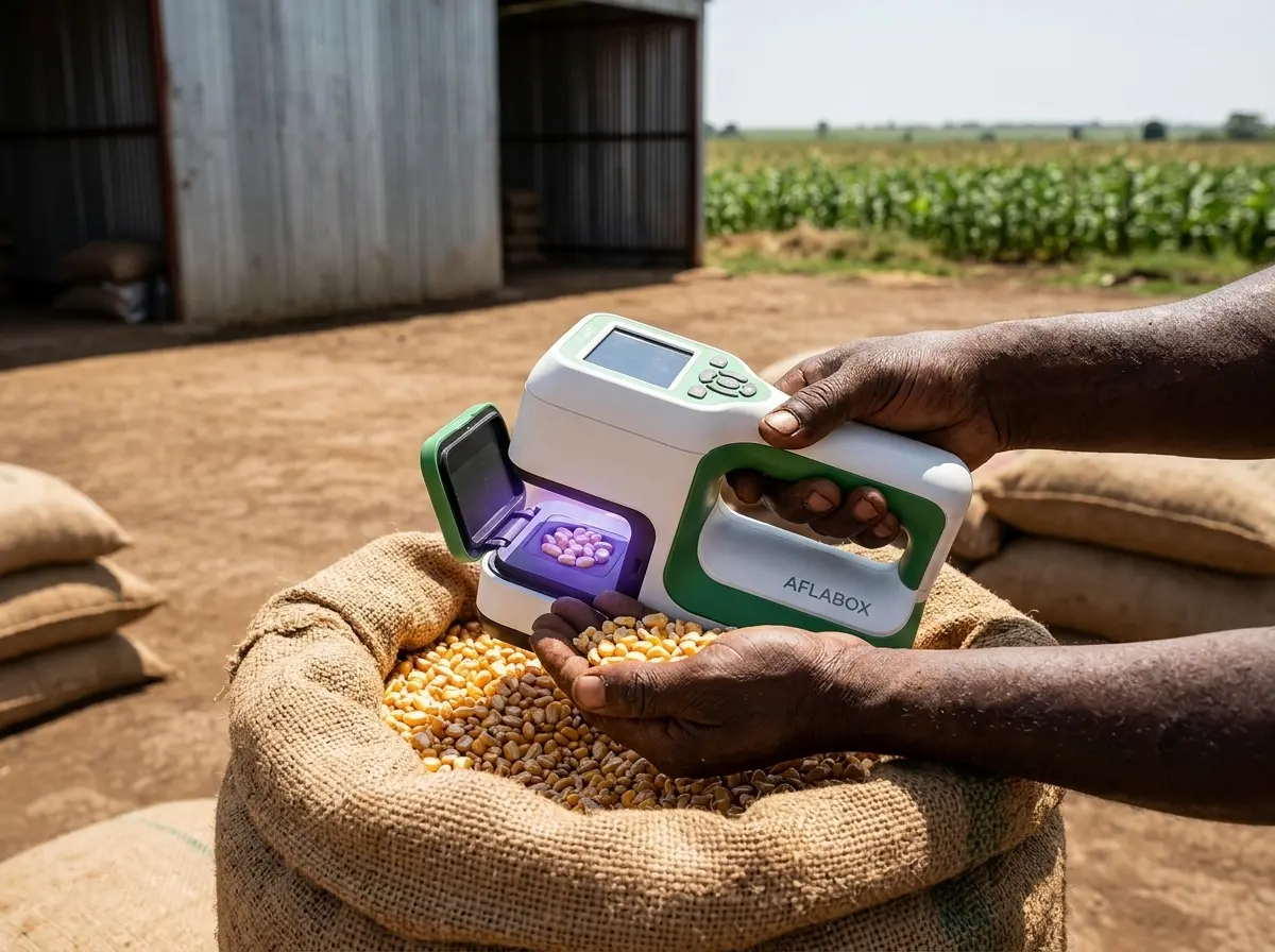 Aflabox portable AI mycotoxin testing device in grain field