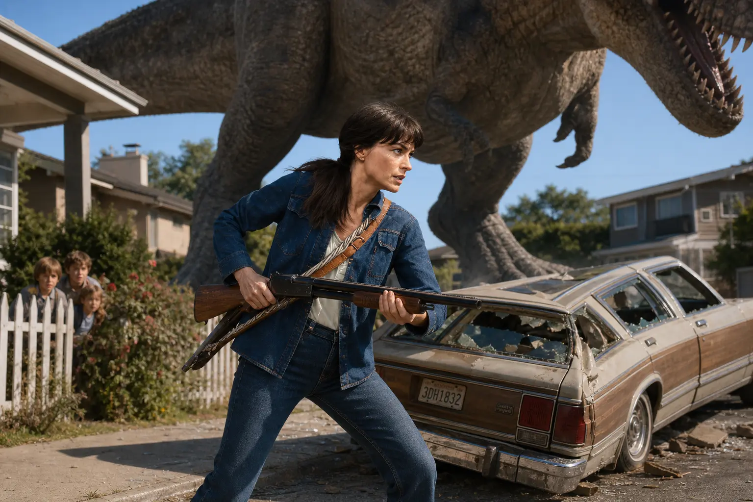 Anne Hathaway shotgun dinosaur End of Oak Street suburban attack
