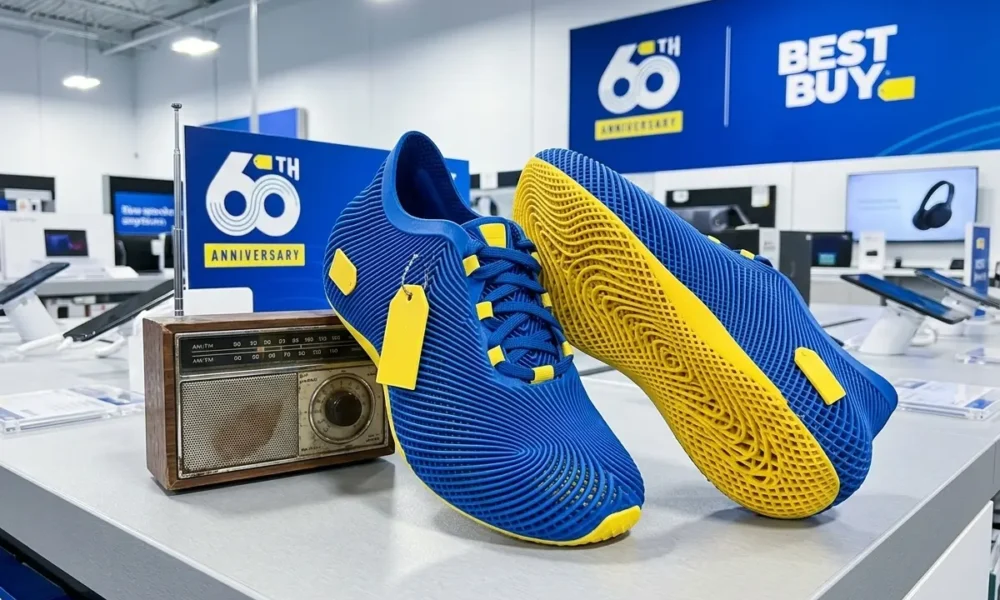 Best Buy 60th anniversary sale 3D printed blue yellow sneakers