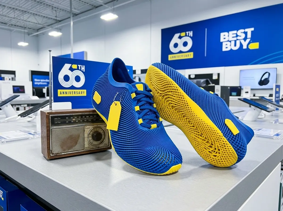 Best Buy 60th anniversary sale 3D printed blue yellow sneakers